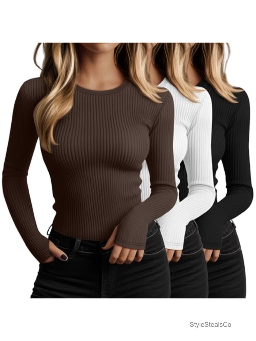 3 Pack Women's Ribbed Long Sleeve Tees with Thumb Holes